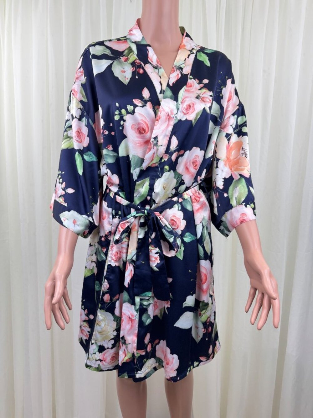 Turquaz Carmen Floral Satin Kimono Robe Navy Blue Rose Wrap Tie Waist Sz LG